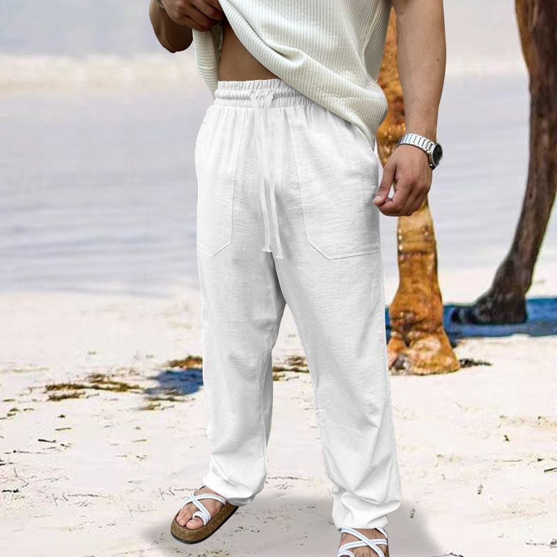 Men's Cotton Linen Pants Basic Versatile Fashion Loose Pants Male Breathable Solid Casual Drawstring Jogger Baggy Trousers Casual
