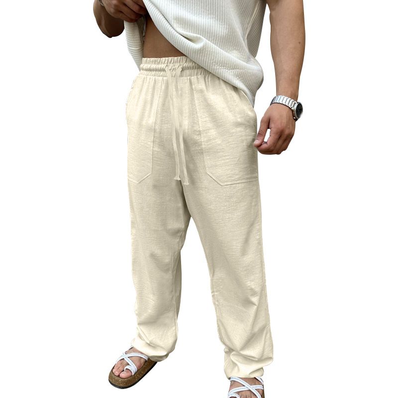 Men's Cotton Linen Pants Basic Versatile Fashion Loose Pants Male Breathable Solid Casual Drawstring Jogger Baggy Trousers Casual