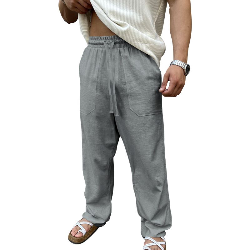 Men's Cotton Linen Pants Basic Versatile Fashion Loose Pants Male Breathable Solid Casual Drawstring Jogger Baggy Trousers Casual