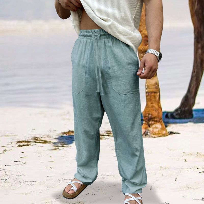 Men's Cotton Linen Pants Basic Versatile Fashion Loose Pants Male Breathable Solid Casual Drawstring Jogger Baggy Trousers Casual