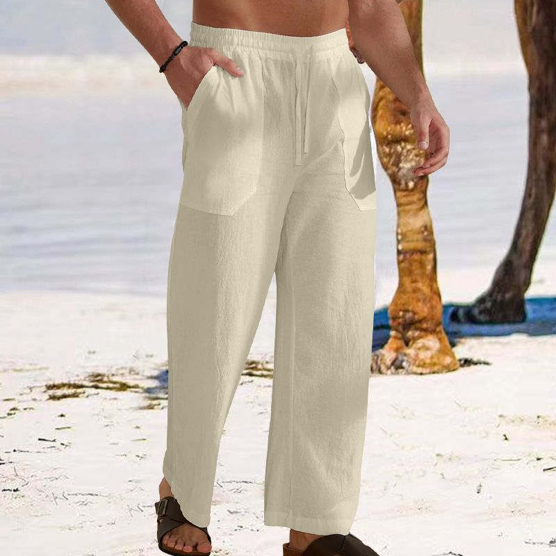 Men's Cotton Linen Pants Basic Versatile Fashion Loose Pants Male Breathable Solid Casual Drawstring Jogger Baggy Trousers Casual