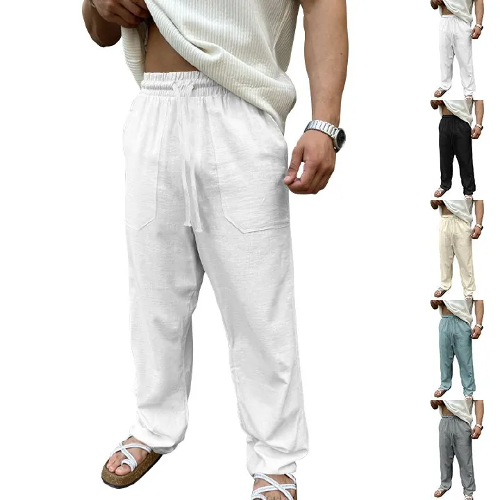 Men's Cotton Linen Pants Basic Versatile Fashion Loose Pants Male Breathable Solid Casual Drawstring Jogger Baggy Trousers Casual