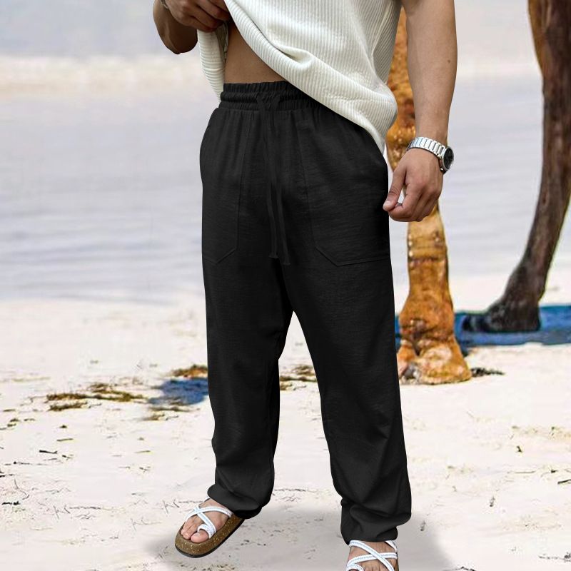 Men's Cotton Linen Pants Basic Versatile Fashion Loose Pants Male Breathable Solid Casual Drawstring Jogger Baggy Trousers Casual