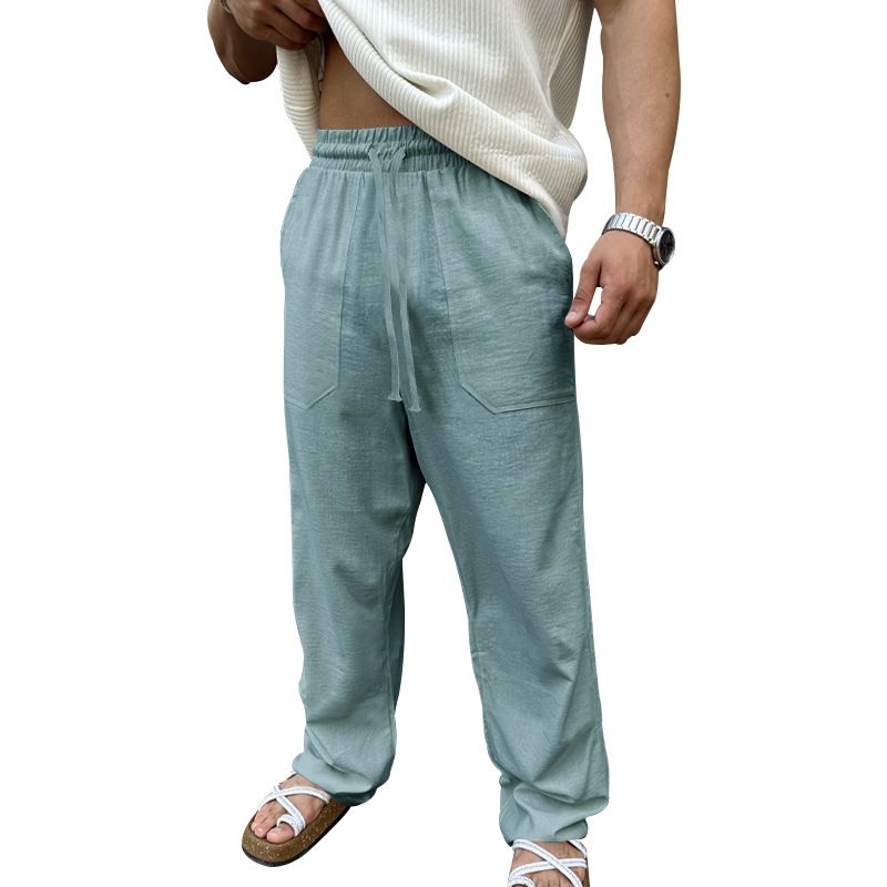 Men's Cotton Linen Pants Basic Versatile Fashion Loose Pants Male Breathable Solid Casual Drawstring Jogger Baggy Trousers Casual