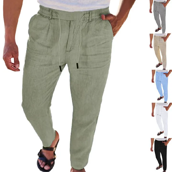 Men's Long Pants Linen Trousers Loose Lightweight Casual Yoga Beach Casual Cotton Linen Straight Breathable Streetwear Trousers Casual