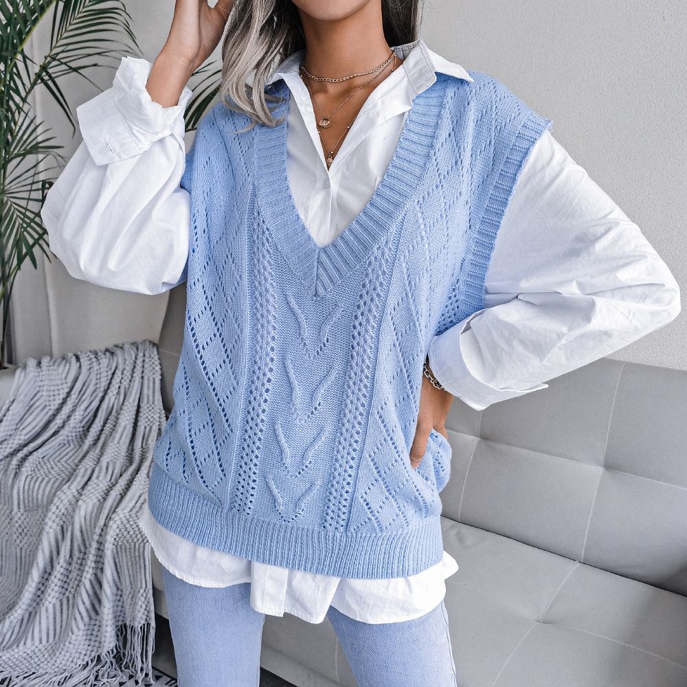 Fashion Sleeveless Sweater Breathable Knitted V-neck Solid Top Pullover Women Causal Loose Sweater