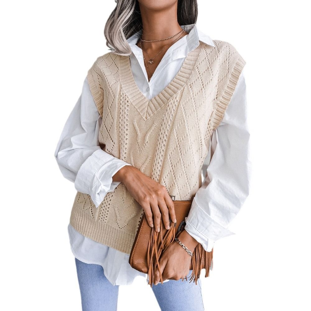 Fashion Sleeveless Sweater Breathable Knitted V-neck Solid Top Pullover Women Causal Loose Sweater