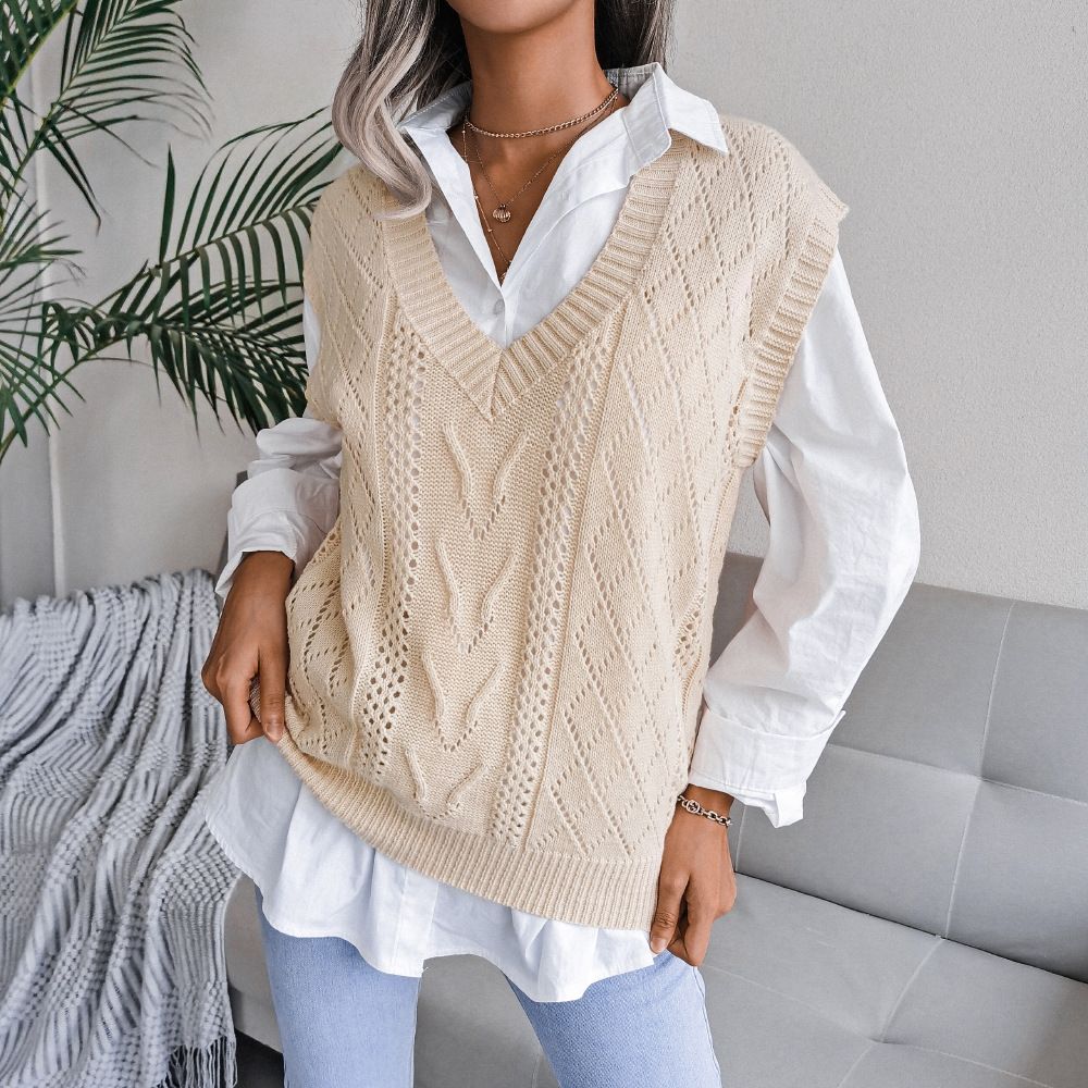 Fashion Sleeveless Sweater Breathable Knitted V-neck Solid Top Pullover Women Causal Loose Sweater