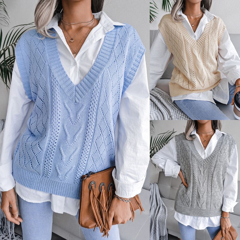 Fashion Sleeveless Sweater Breathable Knitted V-neck Solid Top Pullover Women Causal Loose Sweater