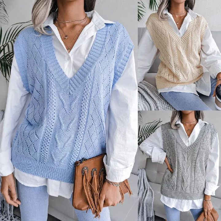 Fashion Sleeveless Sweater Breathable Knitted V-neck Solid Top Pullover Women Causal Loose Sweater
