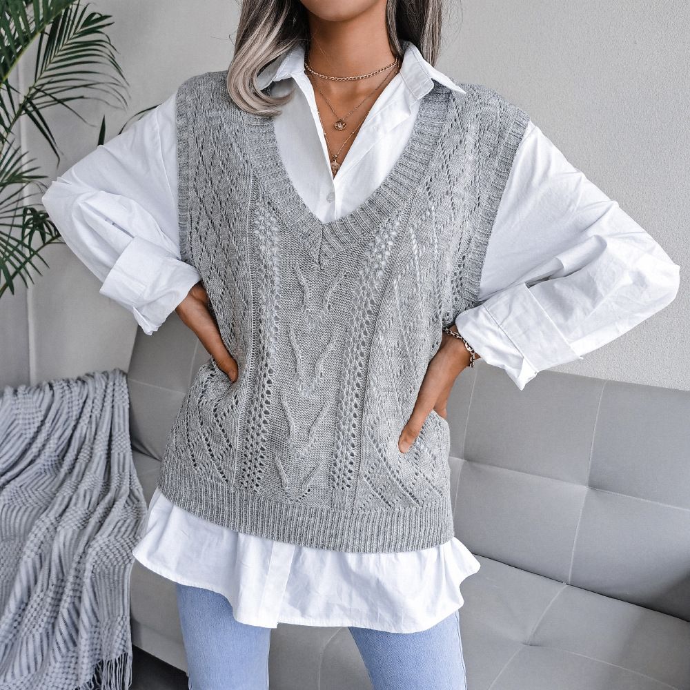 Fashion Sleeveless Sweater Breathable Knitted V-neck Solid Top Pullover Women Causal Loose Sweater