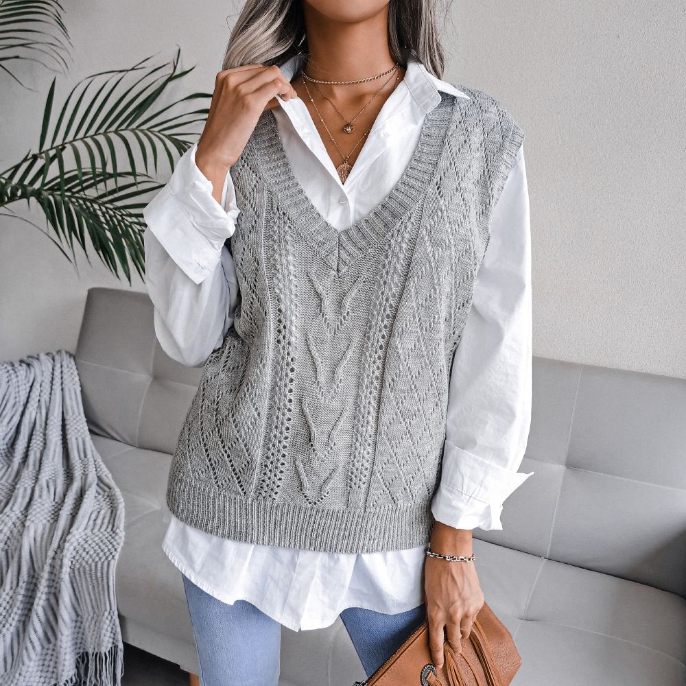 Fashion Sleeveless Sweater Breathable Knitted V-neck Solid Top Pullover Women Causal Loose Sweater