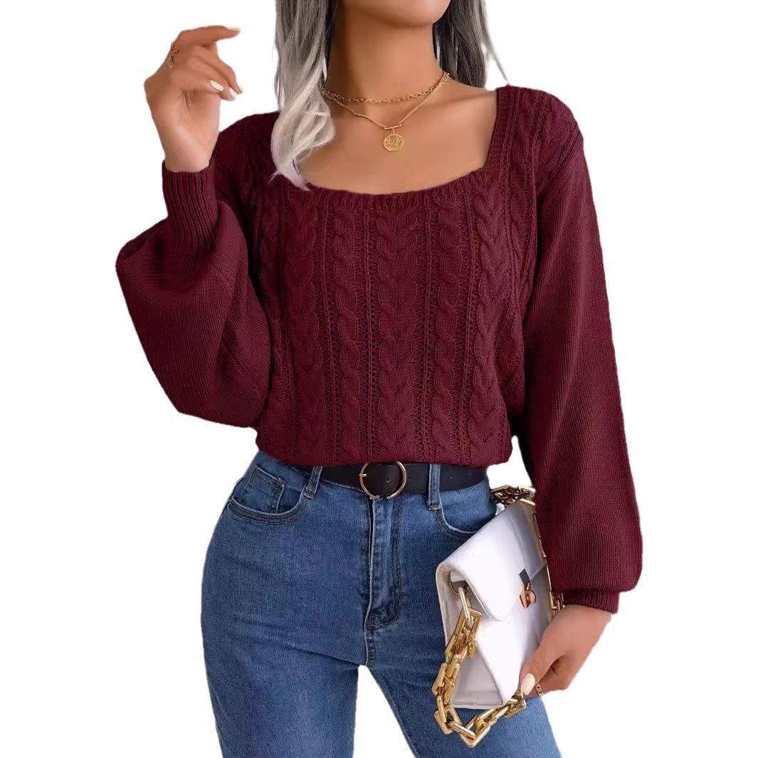 Solid Color Square Collar Temperament Long Sleeved Pull Over Fashion Design Women Luxury Sweaters Wholesale
