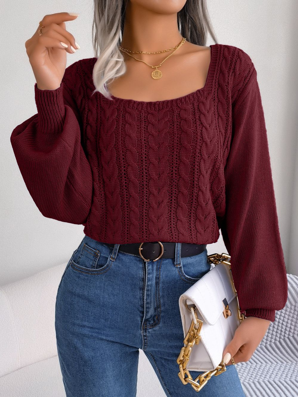 Solid Color Square Collar Temperament Long Sleeved Pull Over Fashion Design Women Luxury Sweaters Wholesale