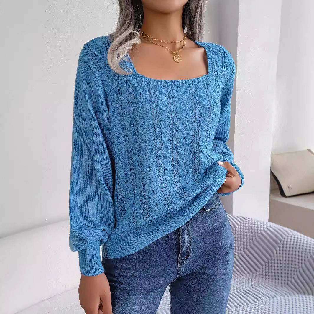 Solid Color Square Collar Temperament Long Sleeved Pull Over Fashion Design Women Luxury Sweaters Wholesale