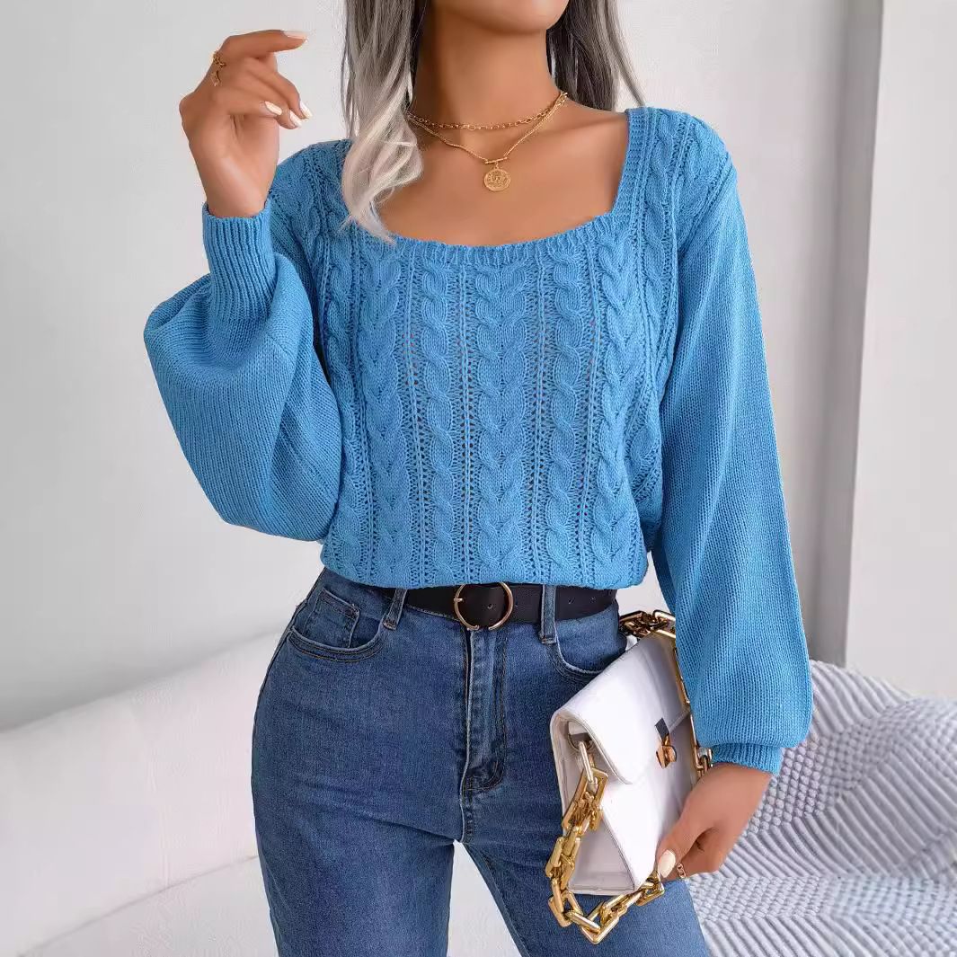 Solid Color Square Collar Temperament Long Sleeved Pull Over Fashion Design Women Luxury Sweaters Wholesale