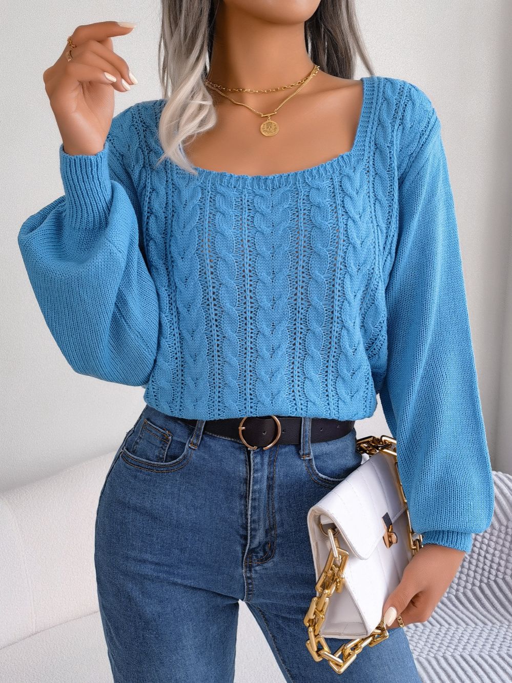 Solid Color Square Collar Temperament Long Sleeved Pull Over Fashion Design Women Luxury Sweaters Wholesale