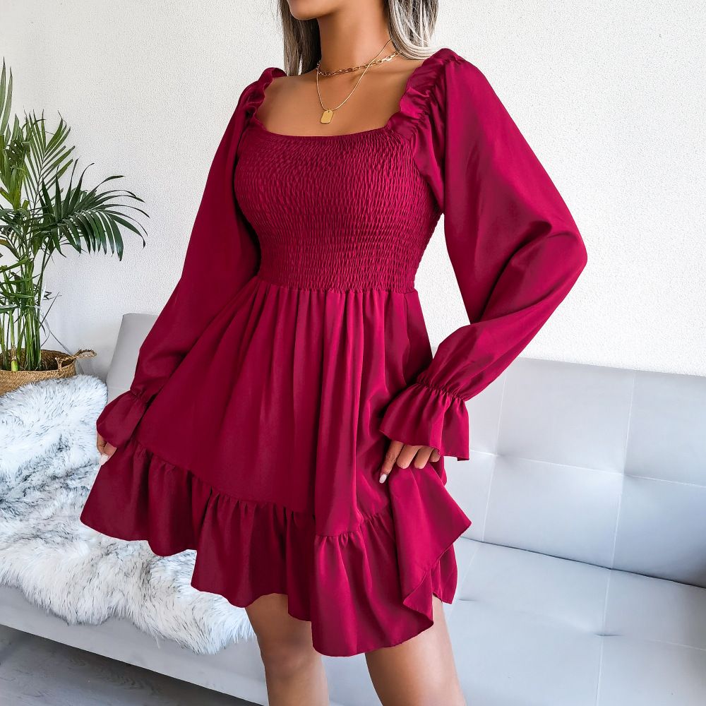 Women's Solid Square Collar Dresses Ruffle Long Sleeve Ruched Dress  Spring Fashion Office Lady's Vestidos A-line Elegant  Dresses