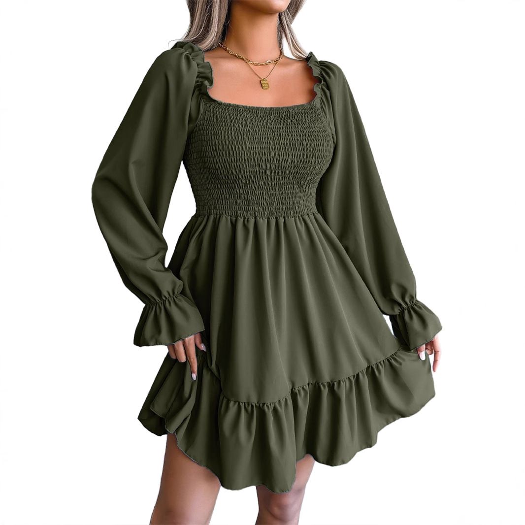 Women's Solid Square Collar Dresses Ruffle Long Sleeve Ruched Dress  Spring Fashion Office Lady's Vestidos A-line Elegant  Dresses