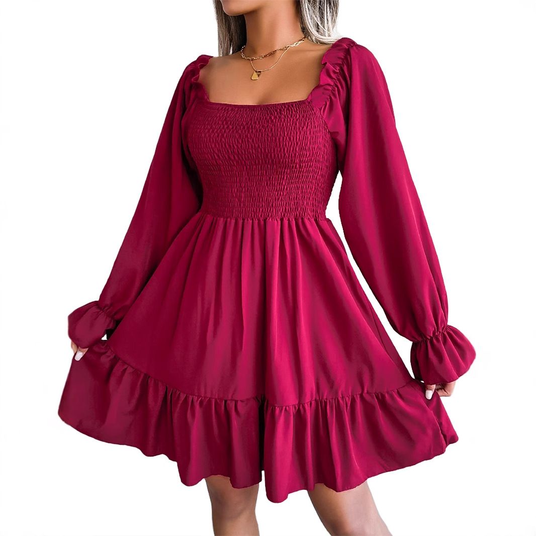 Women's Solid Square Collar Dresses Ruffle Long Sleeve Ruched Dress  Spring Fashion Office Lady's Vestidos A-line Elegant  Dresses