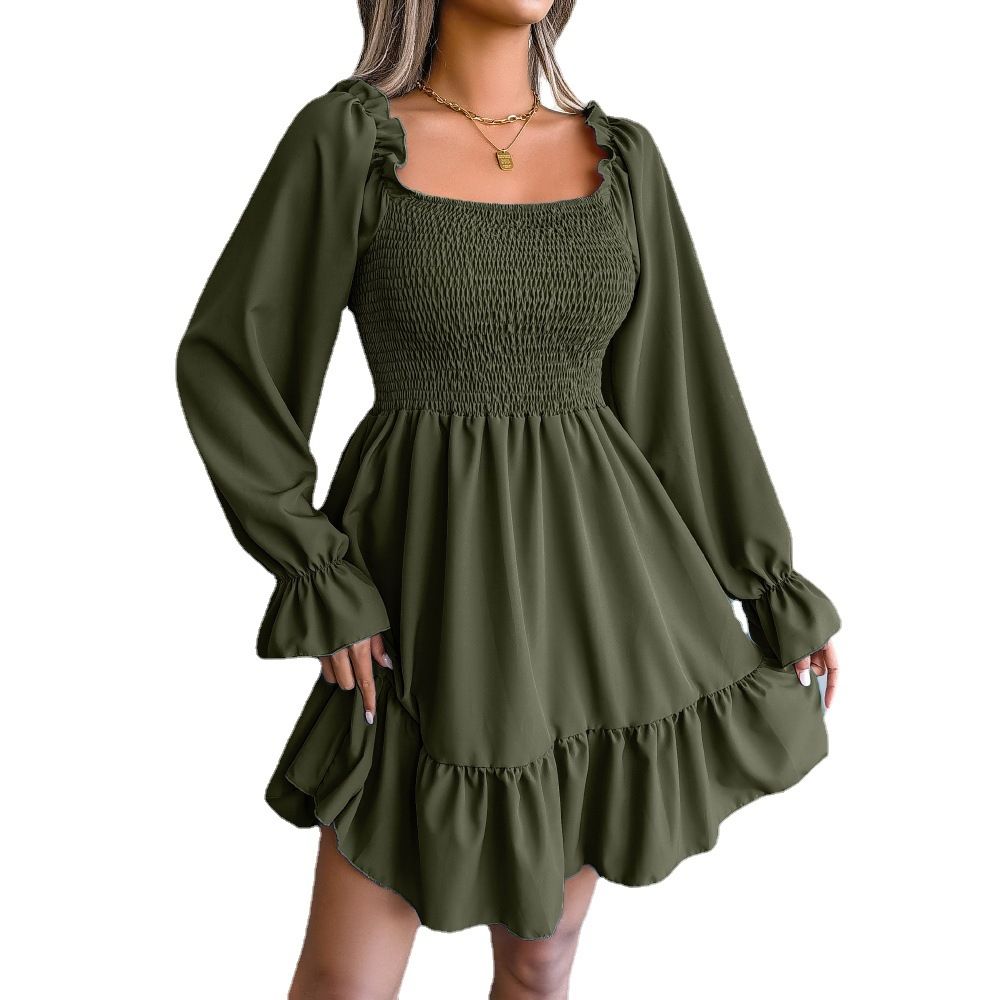 Women's Solid Square Collar Dresses Ruffle Long Sleeve Ruched Dress  Spring Fashion Office Lady's Vestidos A-line Elegant  Dresses