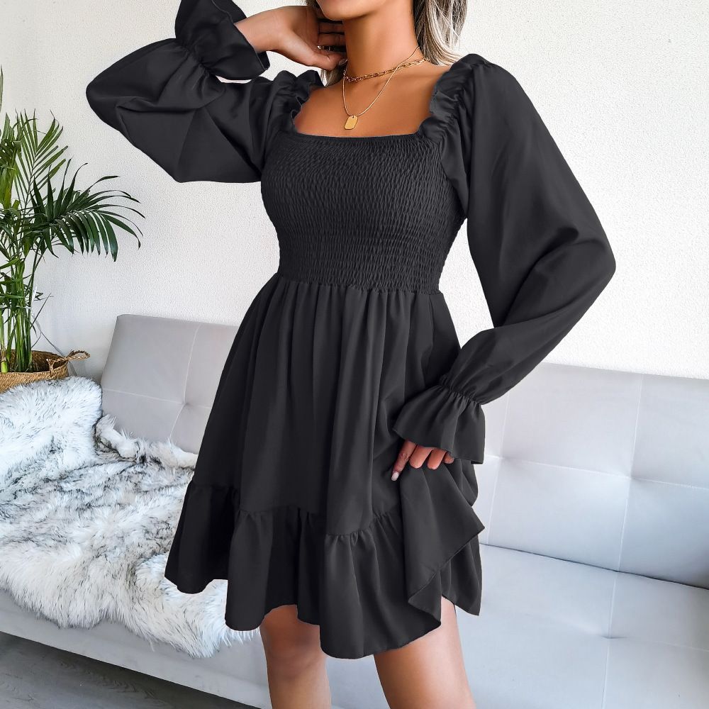 Women's Solid Square Collar Dresses Ruffle Long Sleeve Ruched Dress  Spring Fashion Office Lady's Vestidos A-line Elegant  Dresses