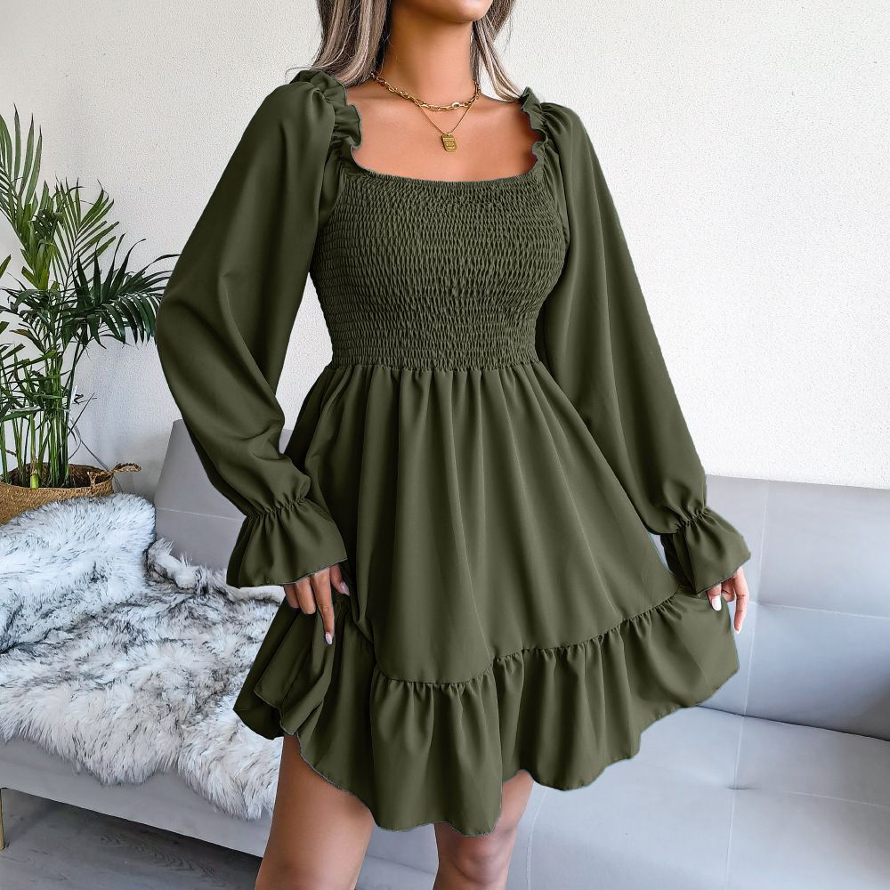 Women's Solid Square Collar Dresses Ruffle Long Sleeve Ruched Dress  Spring Fashion Office Lady's Vestidos A-line Elegant  Dresses