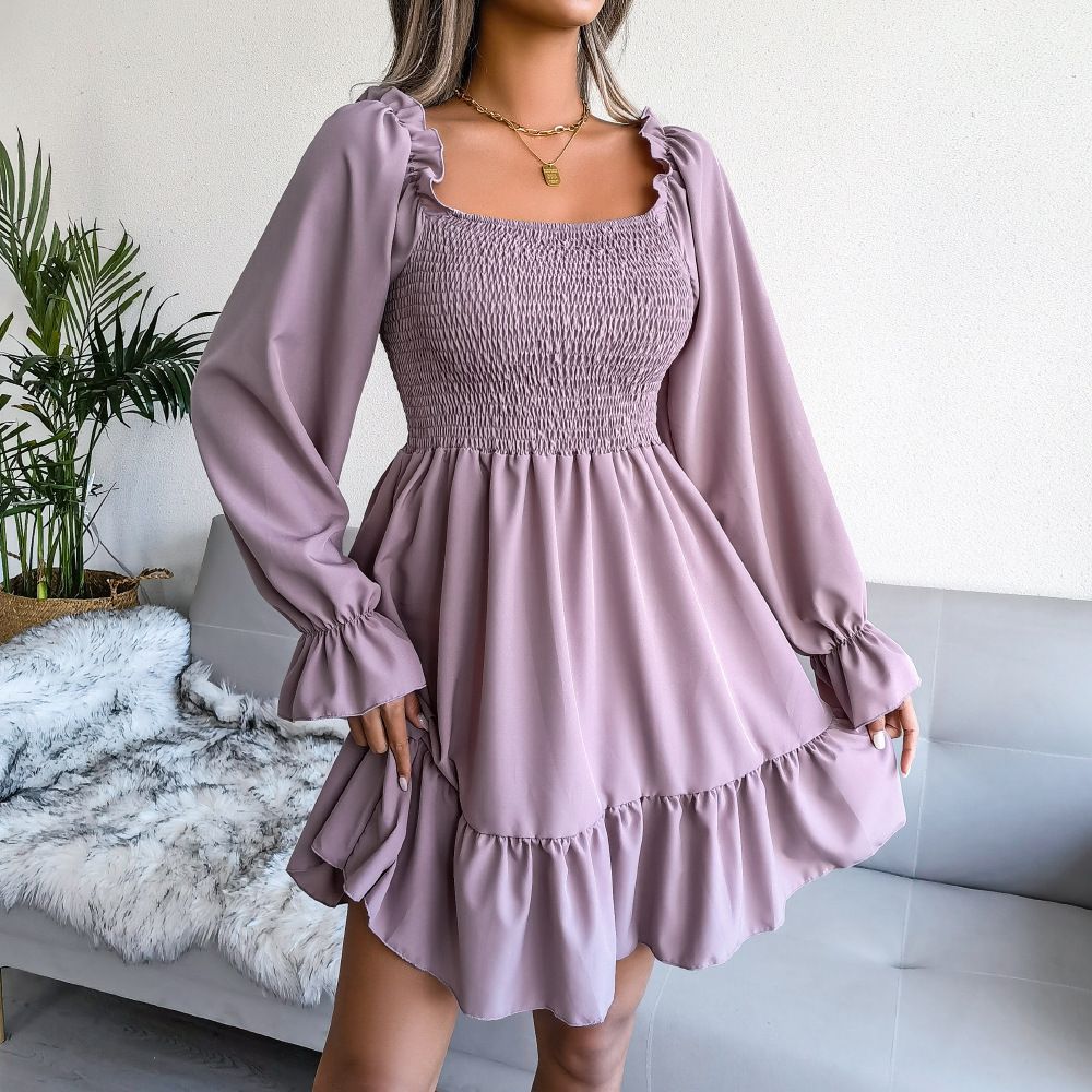 Women's Solid Square Collar Dresses Ruffle Long Sleeve Ruched Dress  Spring Fashion Office Lady's Vestidos A-line Elegant  Dresses