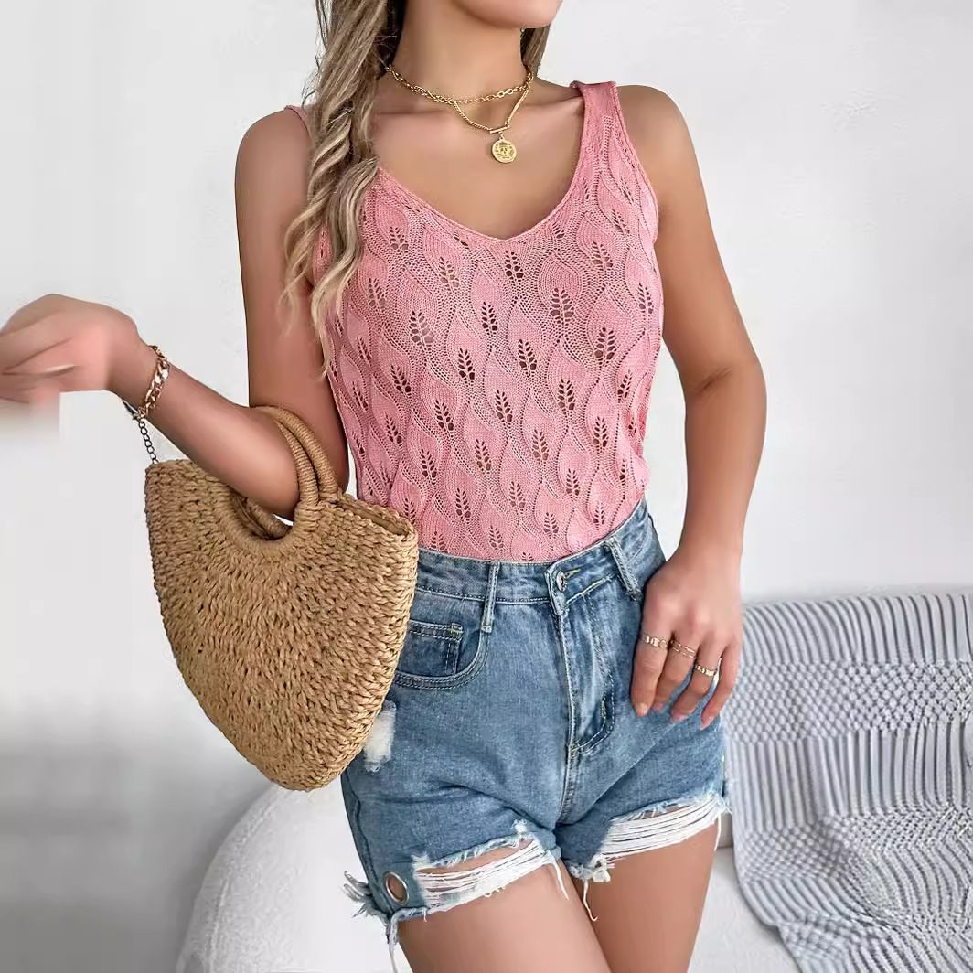Hot Selling Women's Sleeveless Knitted Vest V-Neck Tank Top Solid Color Loose Fit Summer Outer Wear Casual Short Suspenders Tank Tops