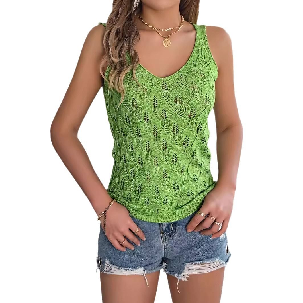 Hot Selling Women's Sleeveless Knitted Vest V-Neck Tank Top Solid Color Loose Fit Summer Outer Wear Casual Short Suspenders Tank Tops