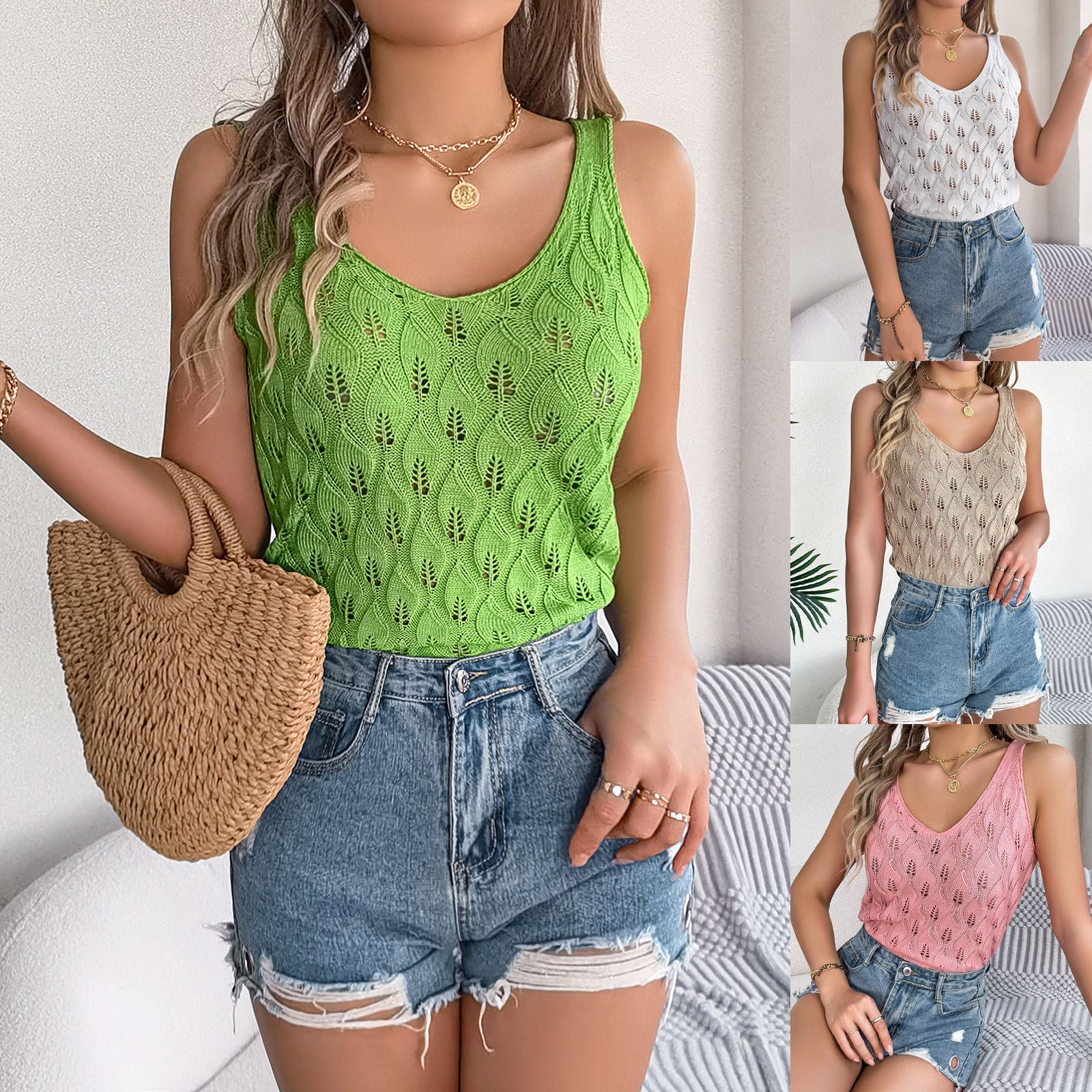 Hot Selling Women's Sleeveless Knitted Vest V-Neck Tank Top Solid Color Loose Fit Summer Outer Wear Casual Short Suspenders Tank Tops