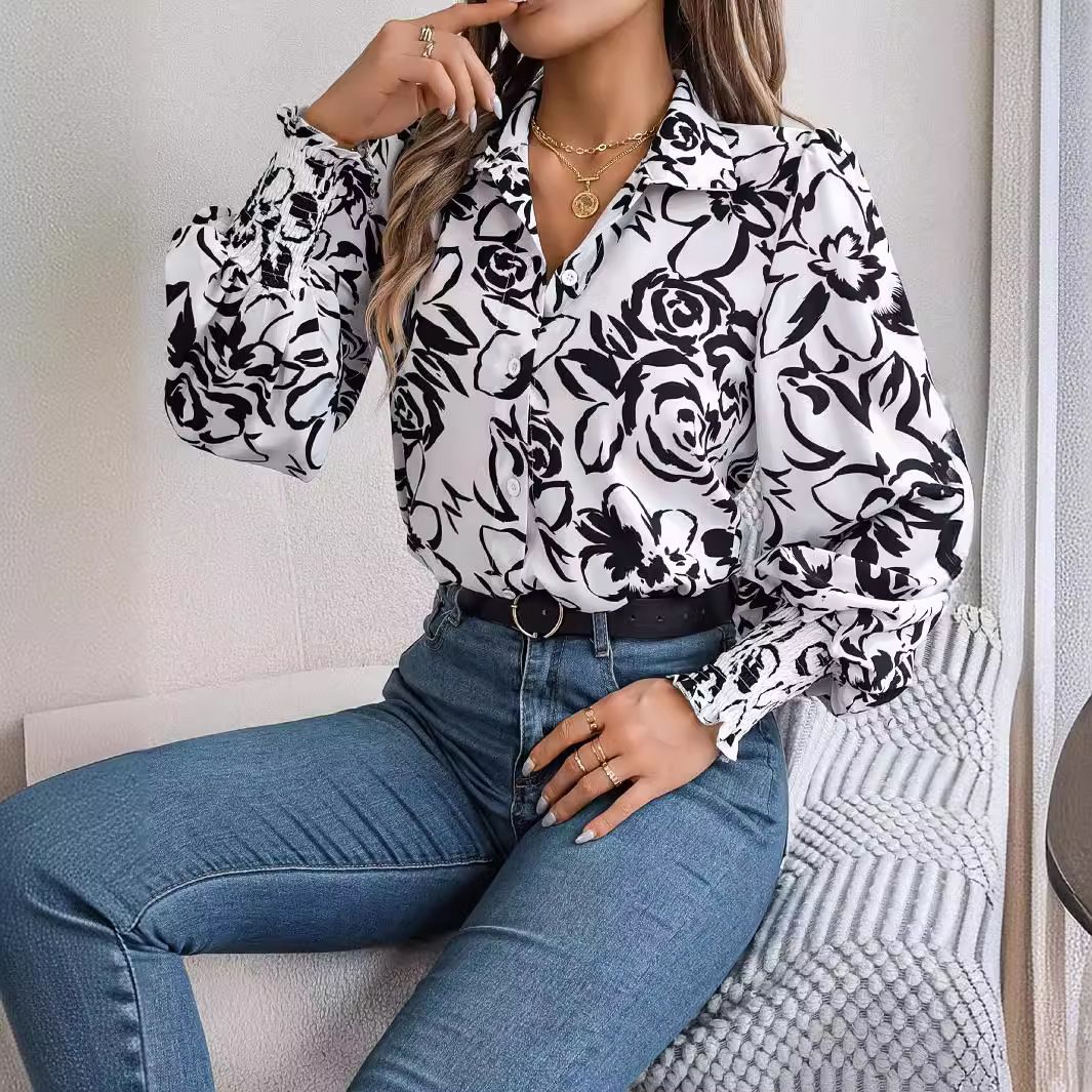 Women's Floral Embroidered Button Shirt Ladies Casual Blouse Tops for All Seasons-for Office Wear  T-Shirts