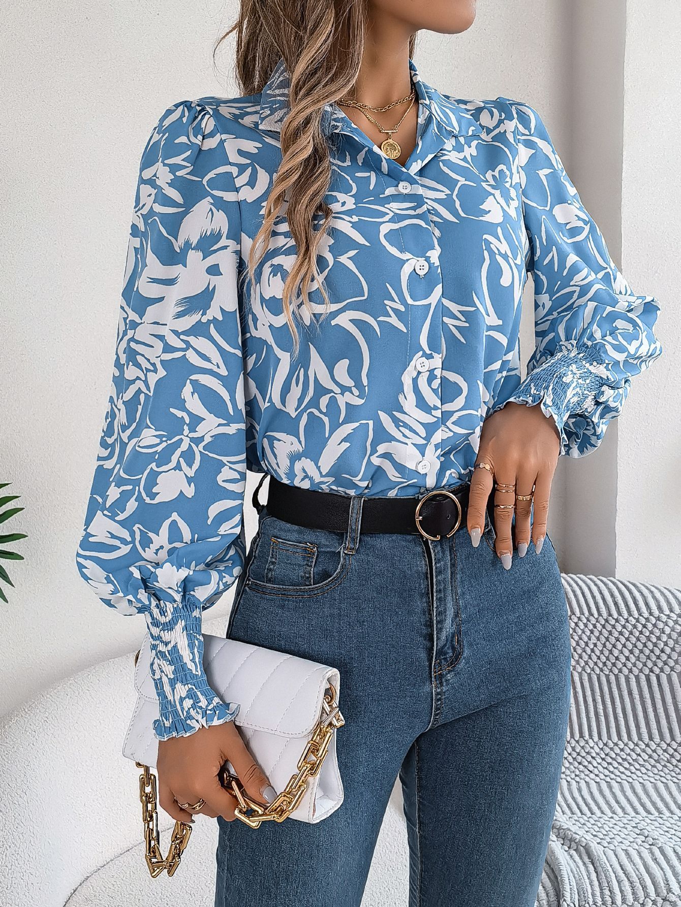 Women's Floral Embroidered Button Shirt Ladies Casual Blouse Tops for All Seasons-for Office Wear  T-Shirts