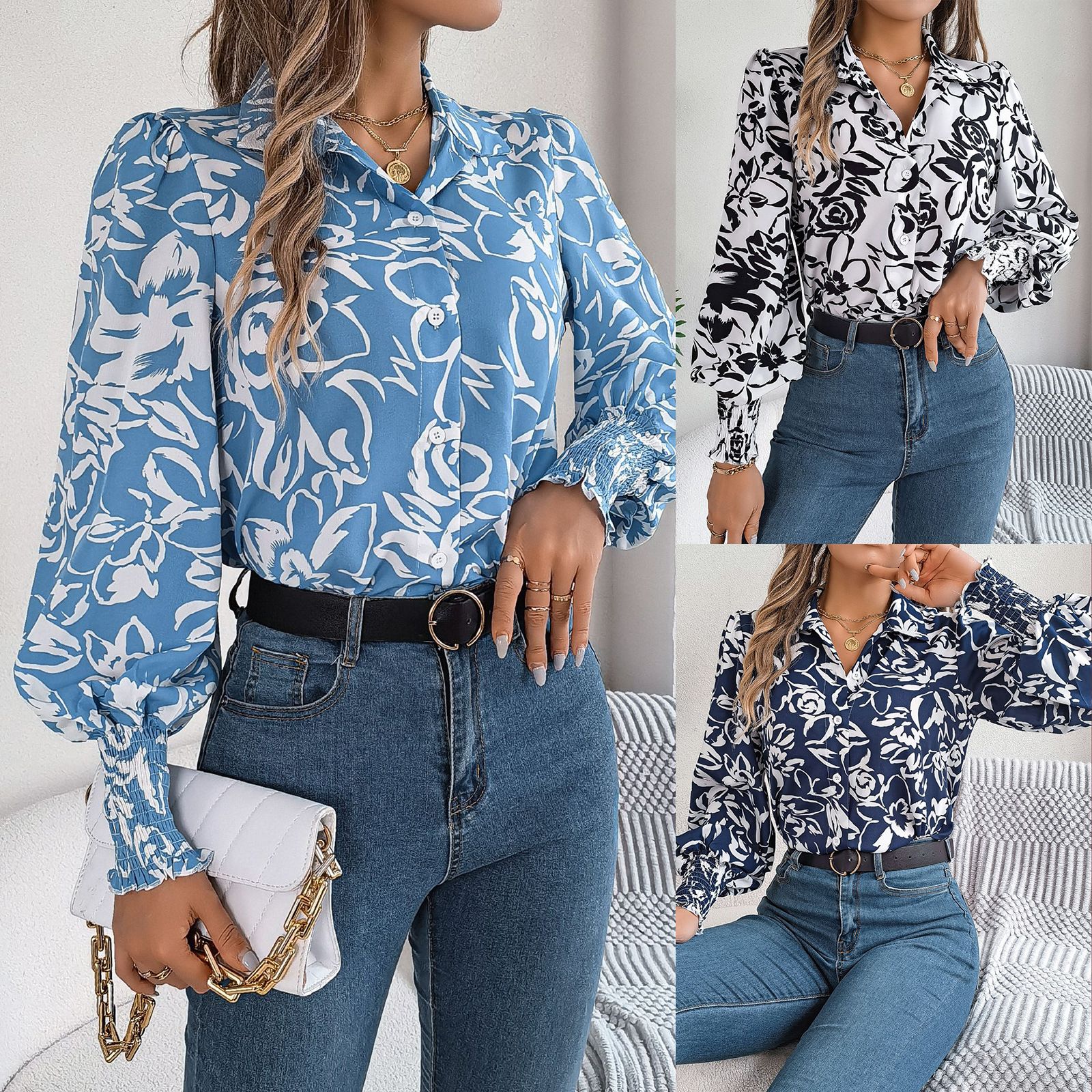 Women's Floral Embroidered Button Shirt Ladies Casual Blouse Tops for All Seasons-for Office Wear  T-Shirts