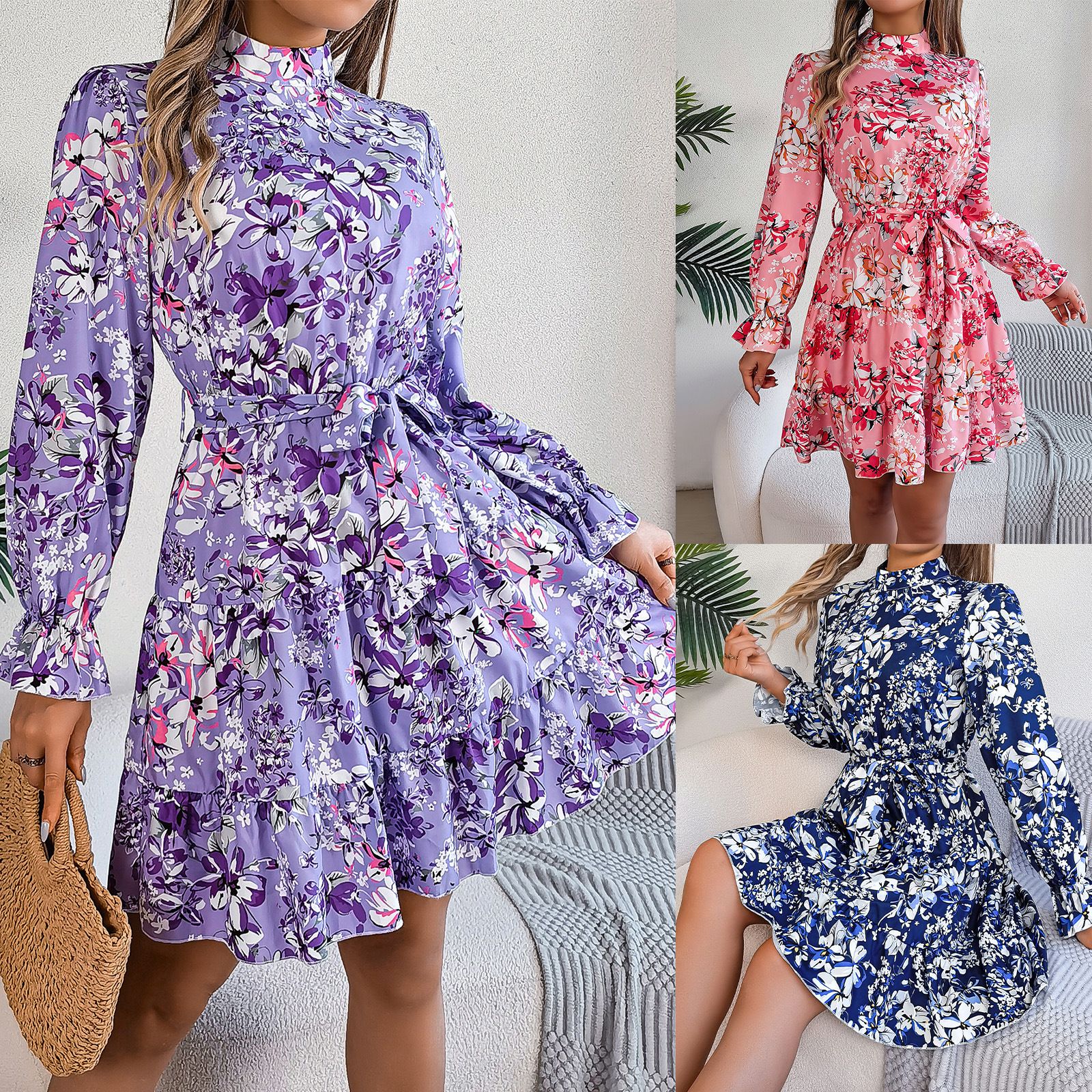 Women's Casual Dress Elegant Female Loose Mini Dress Long Sleeve Floral Print Autumn A-line Dress Bohemia Clothing  Dresses