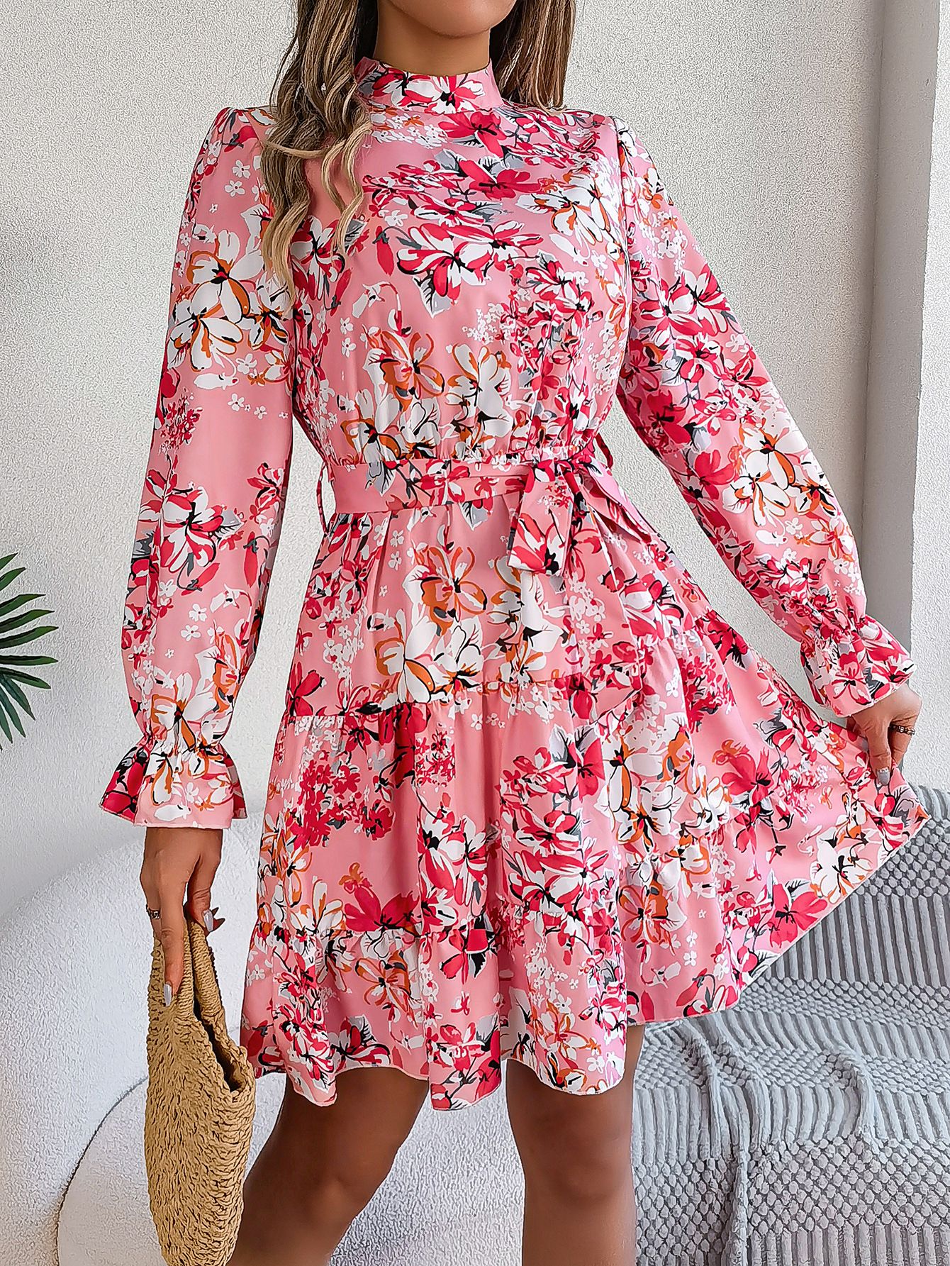 Women's Casual Dress Elegant Female Loose Mini Dress Long Sleeve Floral Print Autumn A-line Dress Bohemia Clothing  Dresses