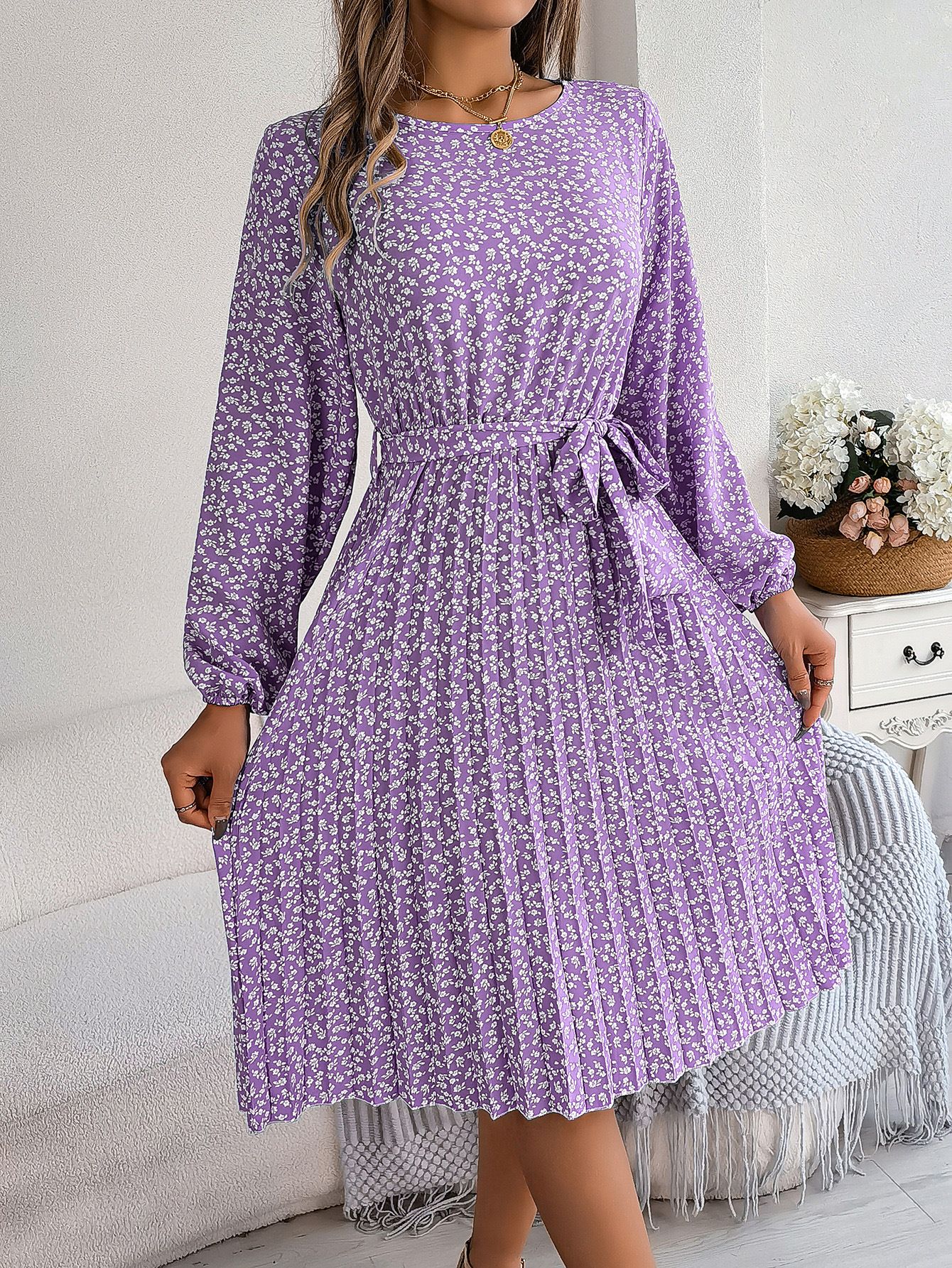 Women's Elegant Modest Midi Length Dresses Casual Bubble Sleeves Digital Printed for Autumn Season Lady's Evening Dress