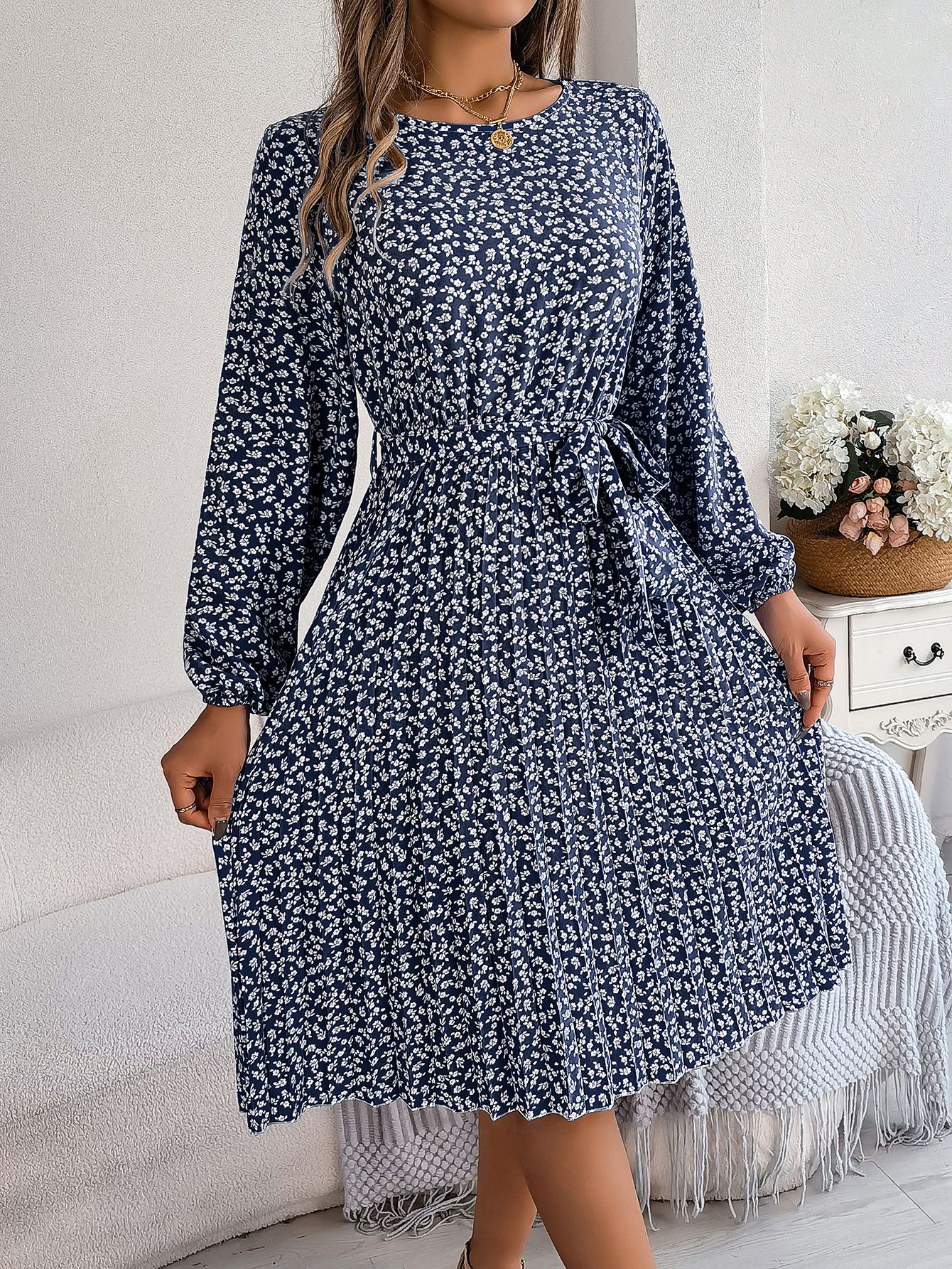Women's Elegant Modest Midi Length Dresses Casual Bubble Sleeves Digital Printed for Autumn Season Lady's Evening Dress