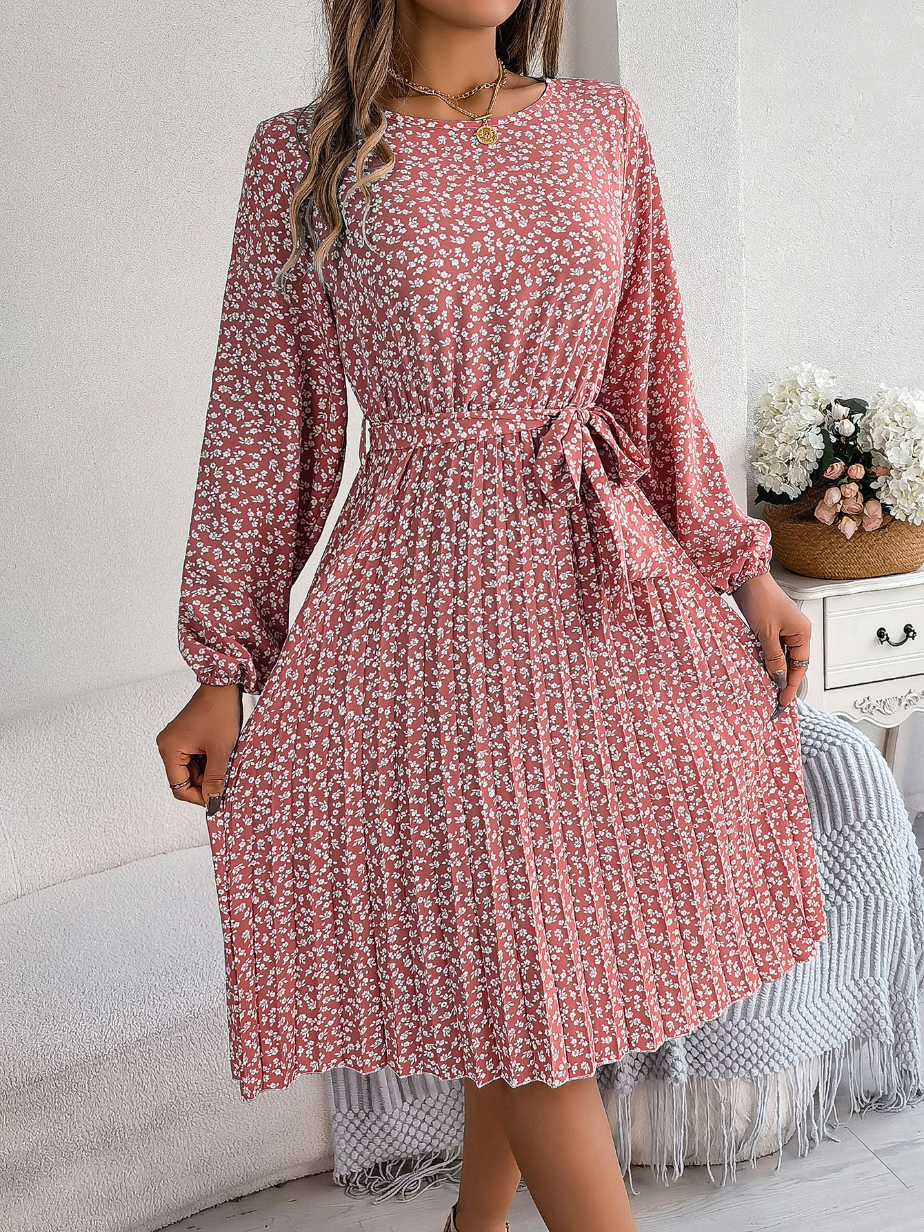 Women's Elegant Modest Midi Length Dresses Casual Bubble Sleeves Digital Printed for Autumn Season Lady's Evening Dress