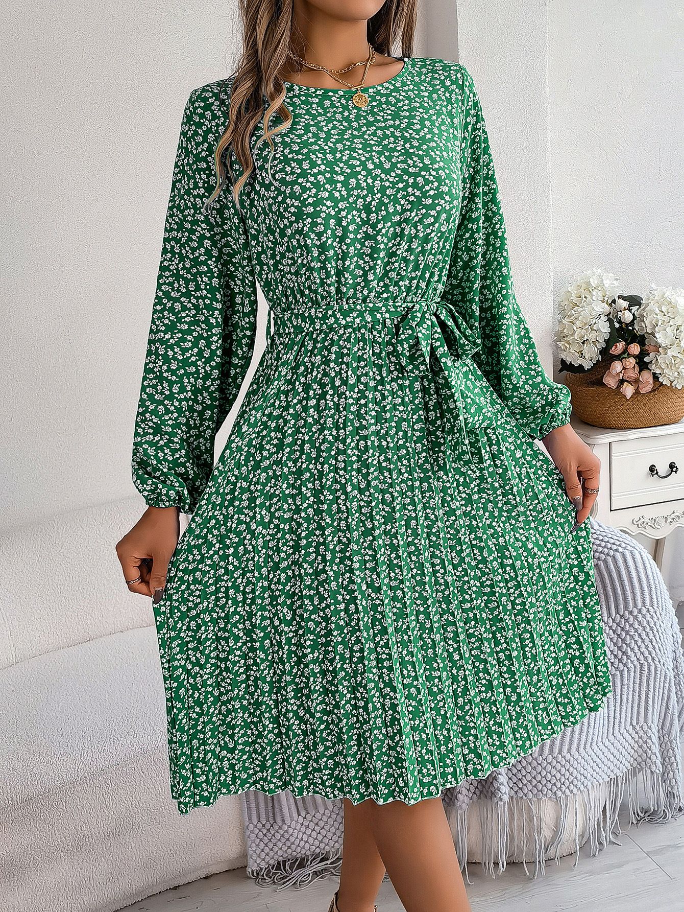 Women's Elegant Modest Midi Length Dresses Casual Bubble Sleeves Digital Printed for Autumn Season Lady's Evening Dress
