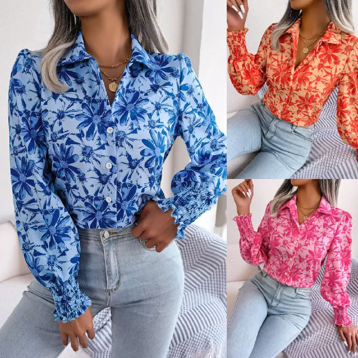 Casual Printed Bubble Shoulder Lantern Long-Sleeved Shirts Floral T Shirt Modest Blouses for Women  T-Shirts