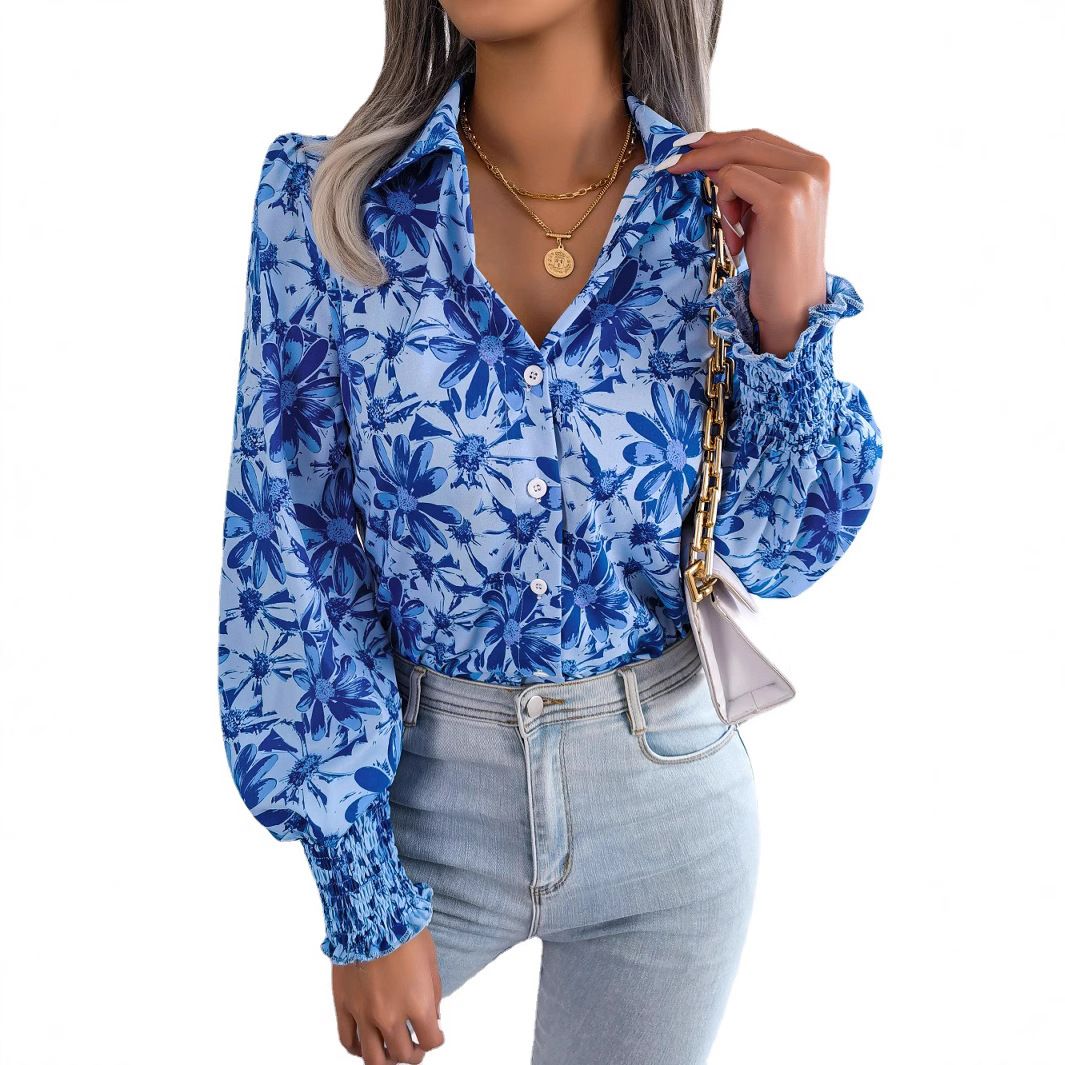 Casual Printed Bubble Shoulder Lantern Long-Sleeved Shirts Floral T Shirt Modest Blouses for Women  T-Shirts