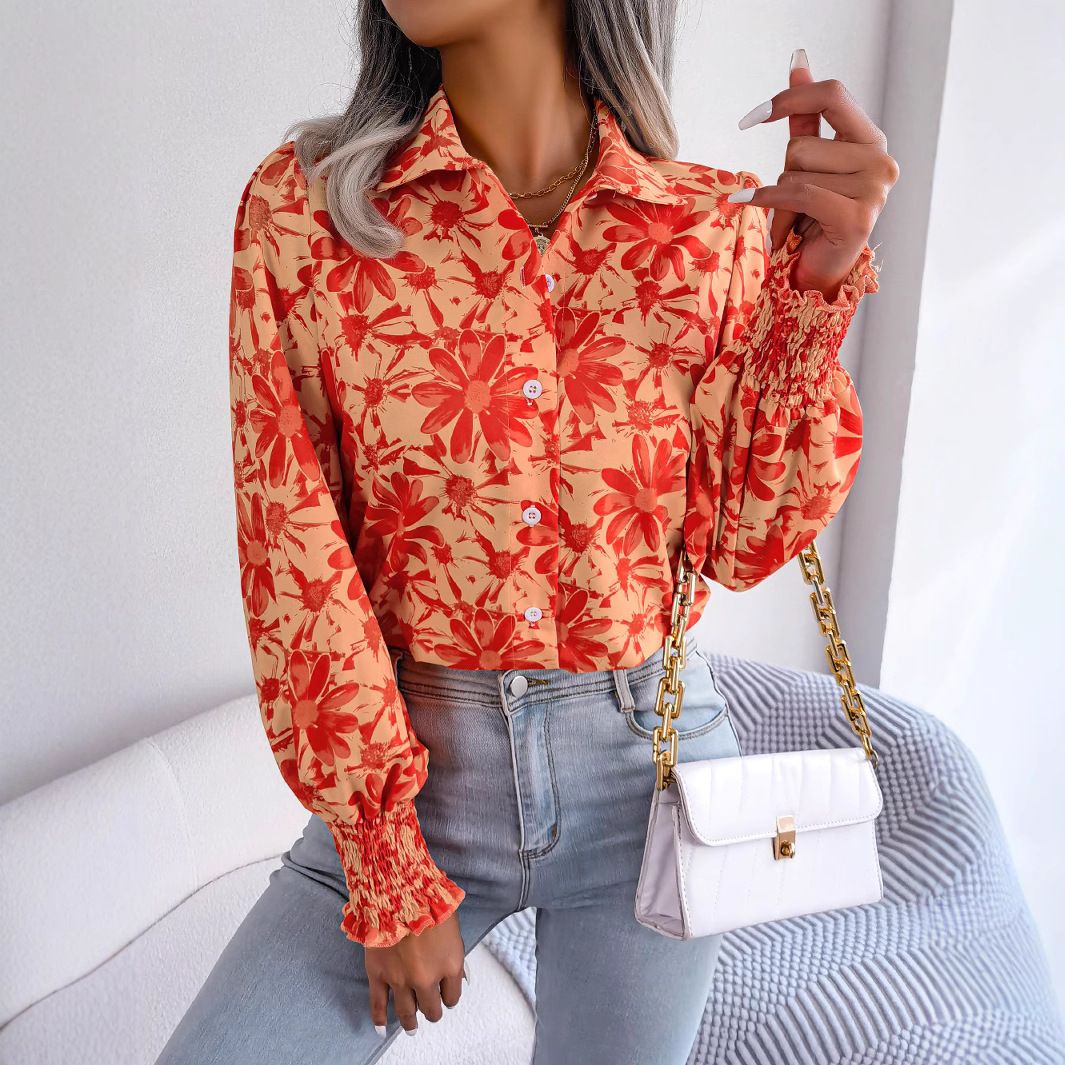 Casual Printed Bubble Shoulder Lantern Long-Sleeved Shirts Floral T Shirt Modest Blouses for Women  T-Shirts