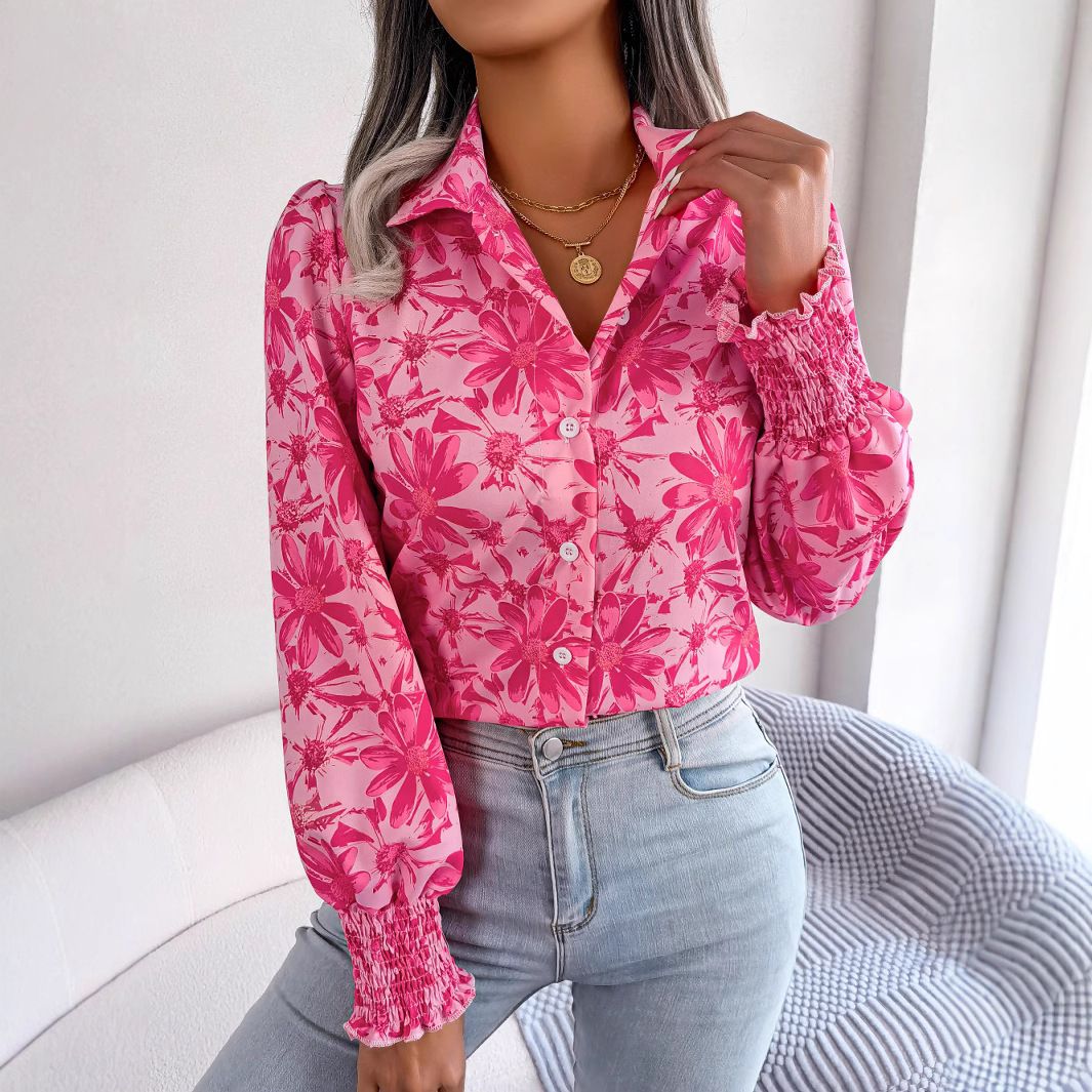 Casual Printed Bubble Shoulder Lantern Long-Sleeved Shirts Floral T Shirt Modest Blouses for Women  T-Shirts