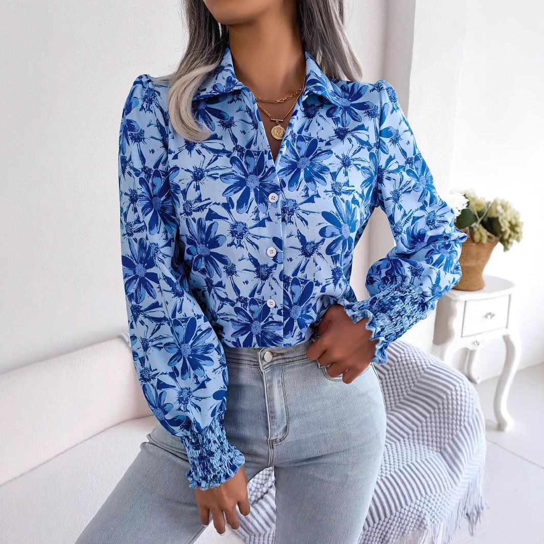 Casual Printed Bubble Shoulder Lantern Long-Sleeved Shirts Floral T Shirt Modest Blouses for Women  T-Shirts