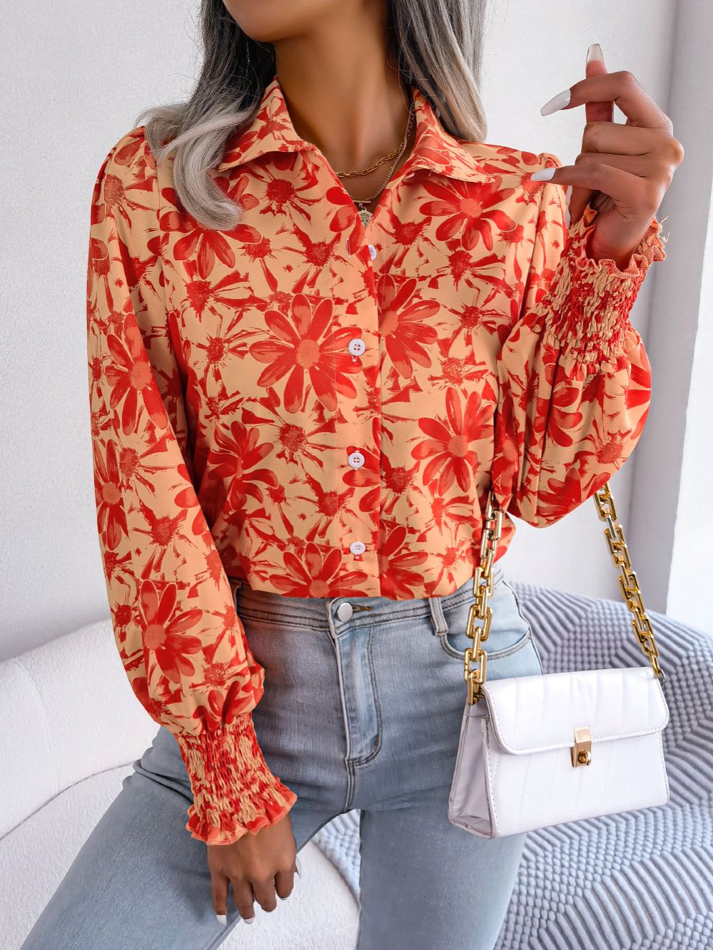 Casual Printed Bubble Shoulder Lantern Long-Sleeved Shirts Floral T Shirt Modest Blouses for Women  T-Shirts