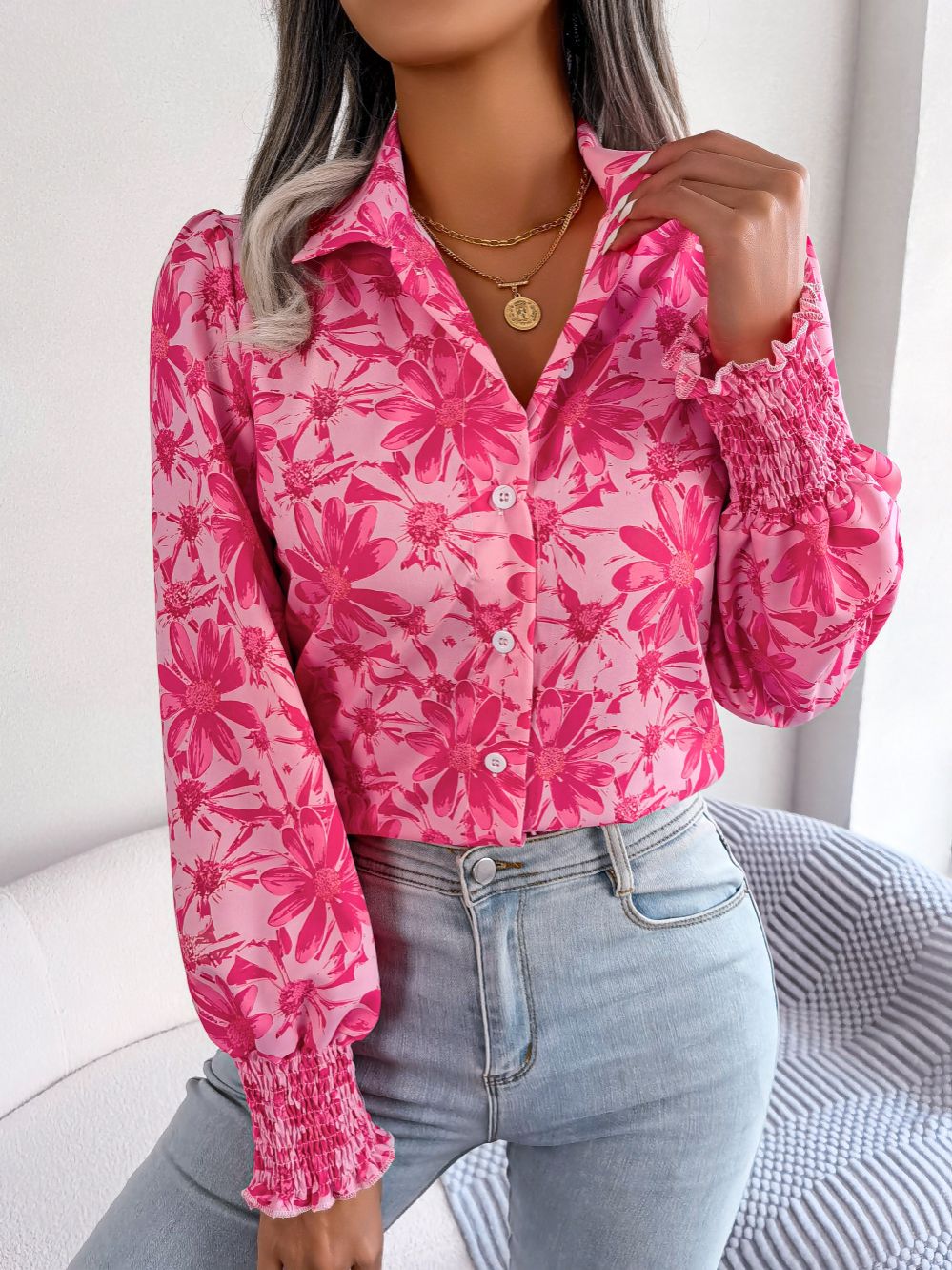 Casual Printed Bubble Shoulder Lantern Long-Sleeved Shirts Floral T Shirt Modest Blouses for Women  T-Shirts