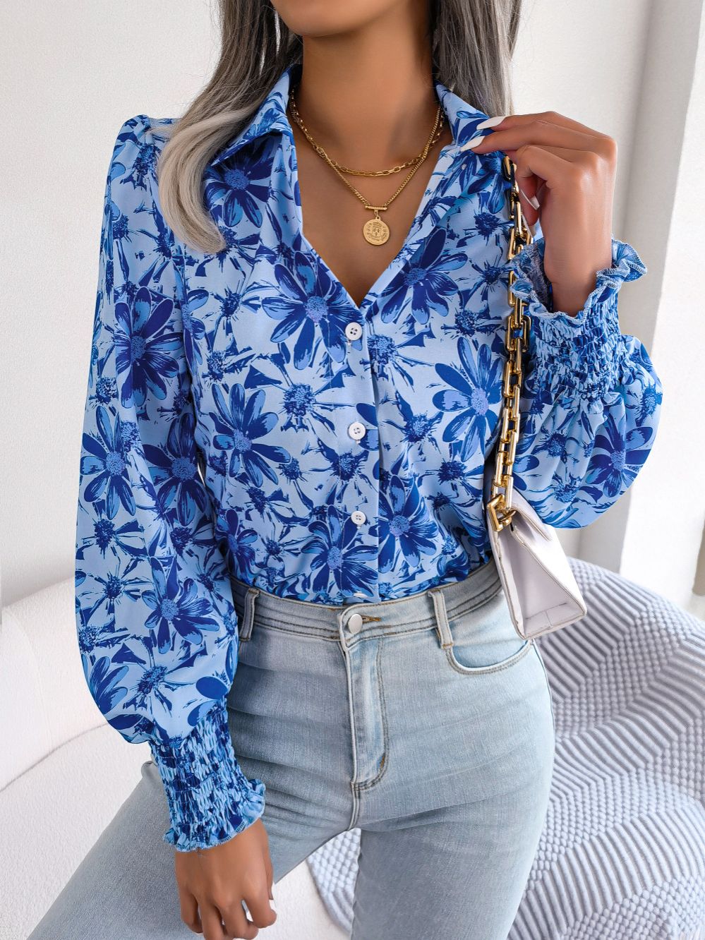 Casual Printed Bubble Shoulder Lantern Long-Sleeved Shirts Floral T Shirt Modest Blouses for Women  T-Shirts