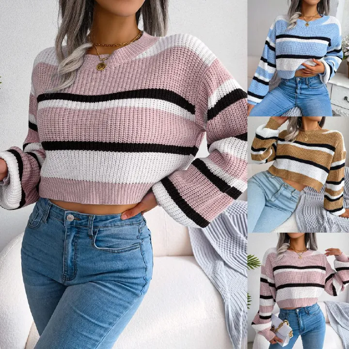 Wholesale Ladies Mid-Long Sleeve Casual Striped Pullover Sweater Winter Short Color-Blocking Knitted Pullover Twist Pattern  Sweaters