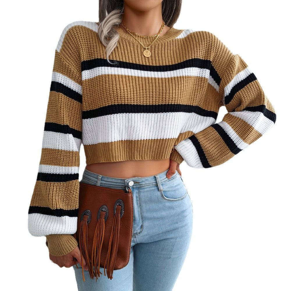 Wholesale Ladies Mid-Long Sleeve Casual Striped Pullover Sweater Winter Short Color-Blocking Knitted Pullover Twist Pattern  Sweaters